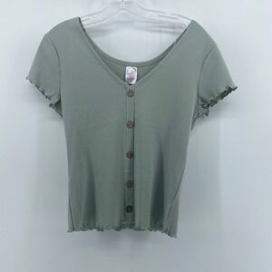 No Boundaries Sage Green Ribbed Button Front Lettuce Edge Top Womens L 11-13